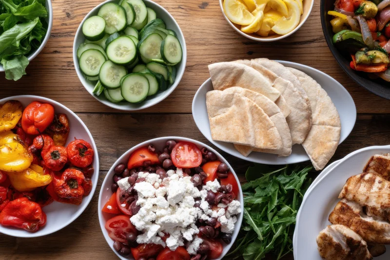 Mediterranean meal spread with vegetables, pita, and grilled chicken on wooden table