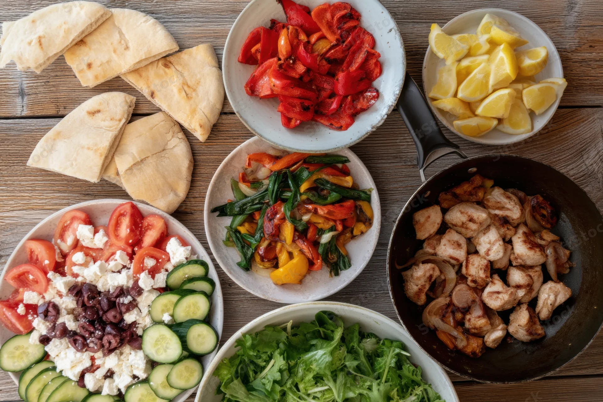 Mediterranean meal spread with salad, chicken, vegetables and pita on wooden table
