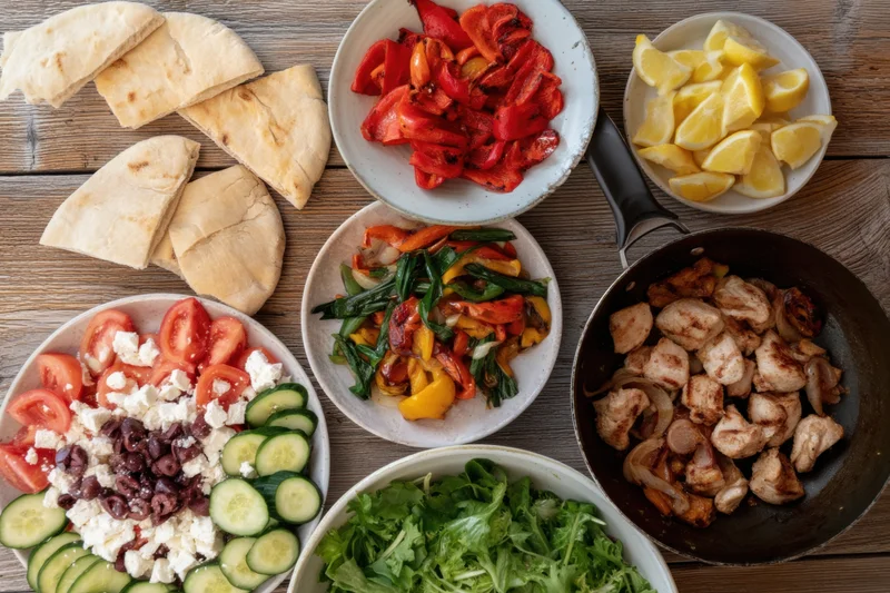 Mediterranean meal spread with salad, chicken, vegetables and pita on wooden table