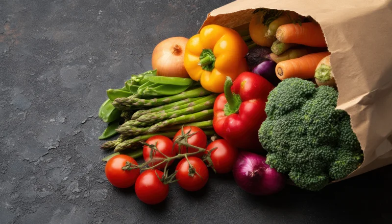 Fresh vegetables spilling from a paper bag on a dark countertop