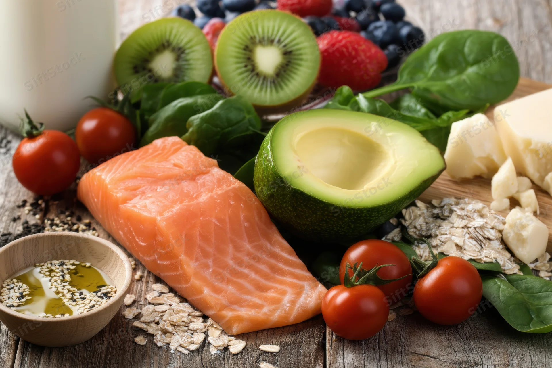 Fresh salmon fillet with avocado, kiwi, tomatoes, spinach, cheese, oats and milk arranged on a rustic wooden table
