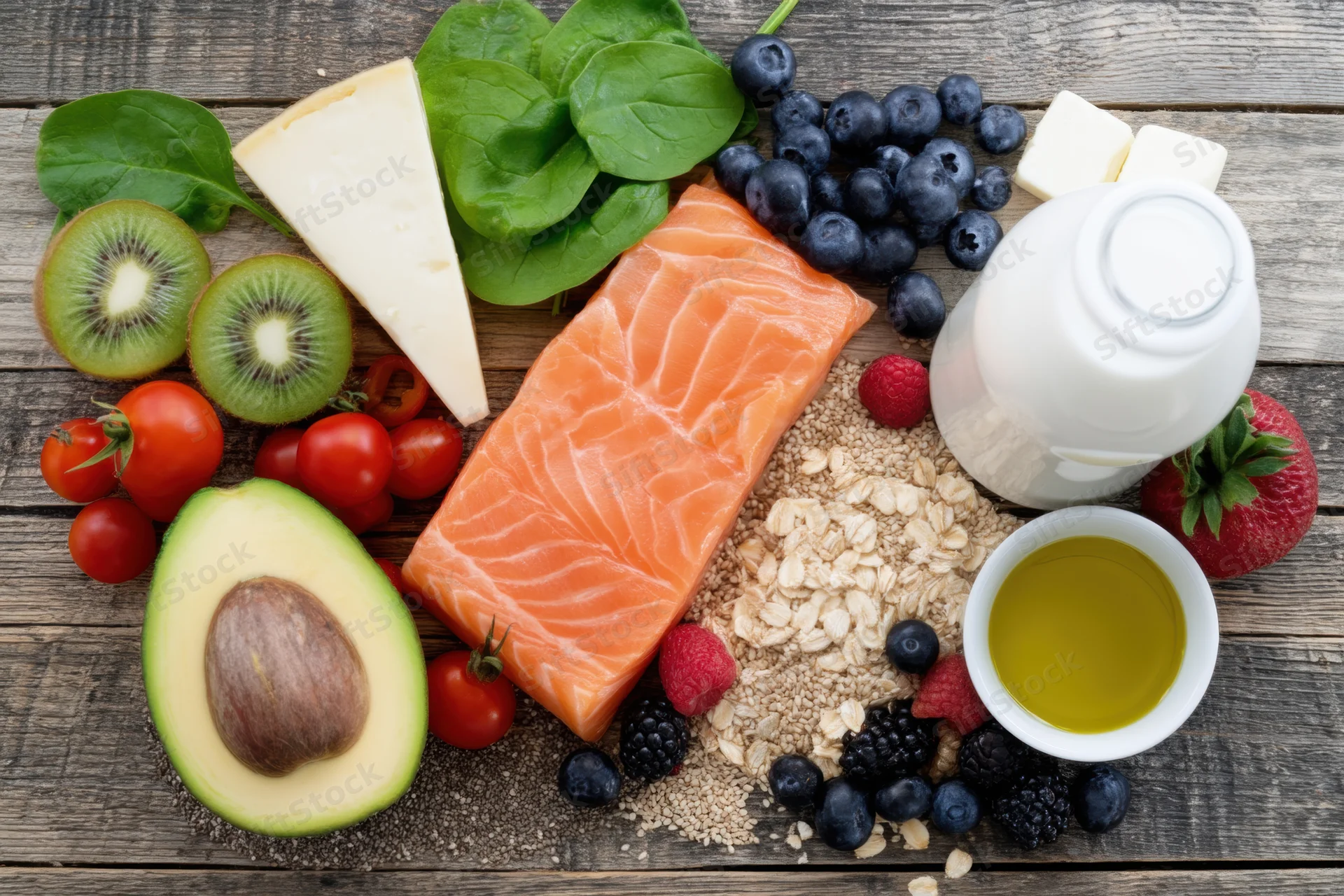 Fresh foods arranged on a rustic wooden table including salmon, avocado, berries, cheese, yogurt, and oats