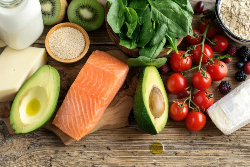 Salmon fillet and avocado halves with tomatoes, spinach, kiwi, cheese, yogurt, oats, and berries arranged on a rustic wooden table