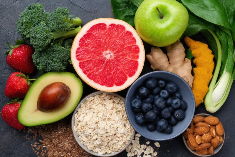 Top-down arrangement of fresh fruits vegetables and grains on dark surface