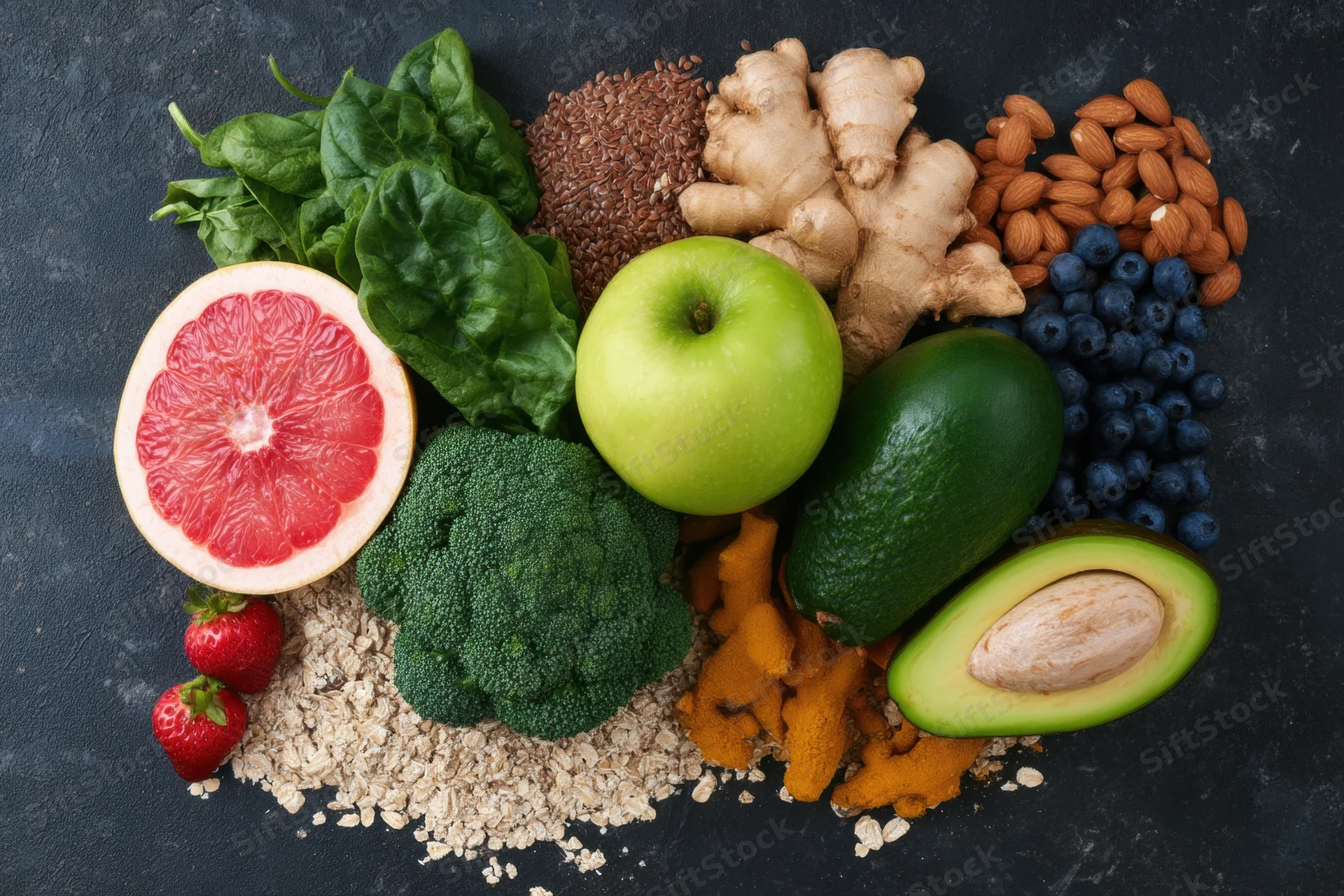 Top-down arrangement of fresh fruits vegetables grains on dark surface