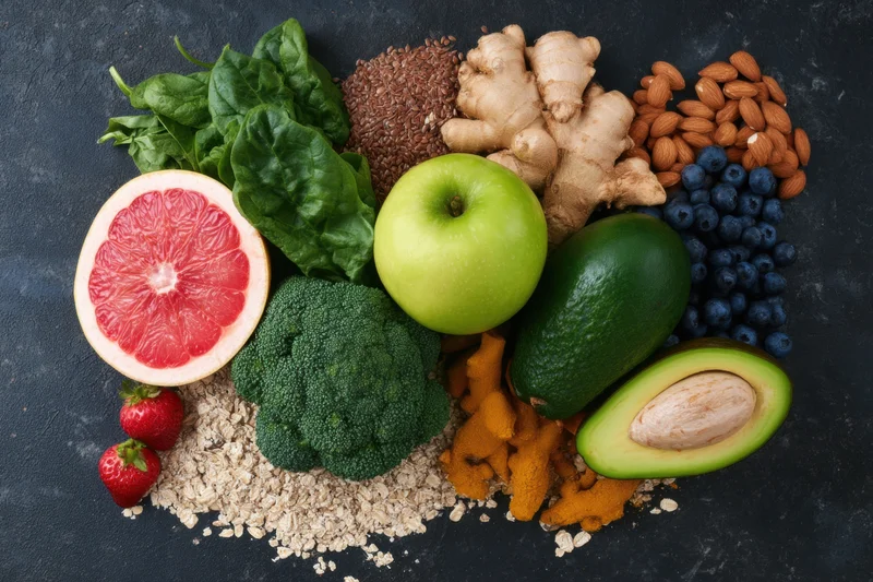 Top-down arrangement of fresh fruits vegetables grains on dark surface