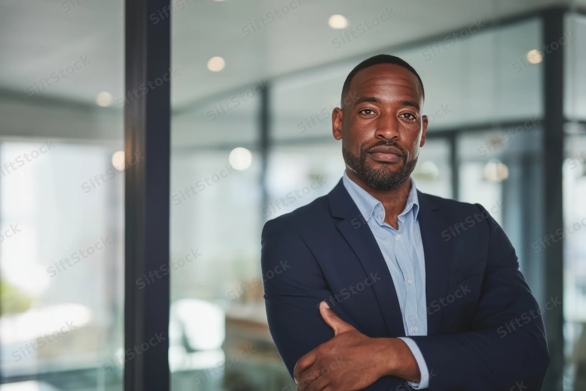 Confident man in navy suit with arms crossed standing in modern office interior