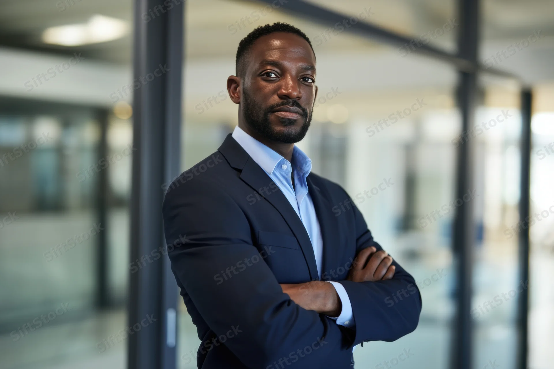 Confident black man in navy suit with arms crossed standing in modern office hallway