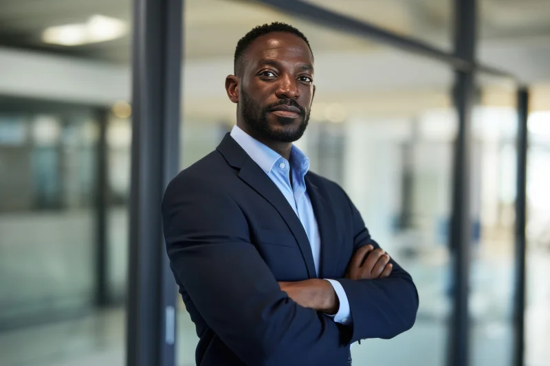 Confident black man in navy suit with arms crossed standing in modern office hallway
