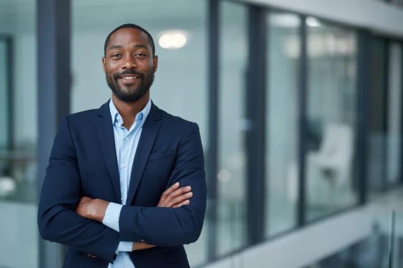 Confident black man in navy suit with arms crossed smiling in modern office interior