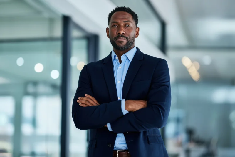 Confident man in navy suit with arms crossed standing in modern office interior