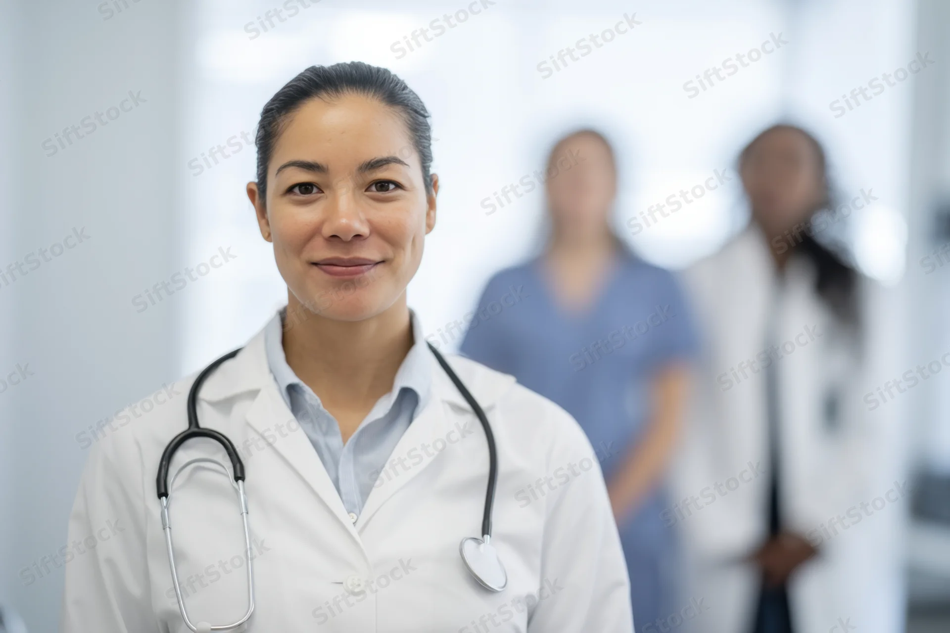 Woman doctor in white coat with stethoscope smiling at camera in clinic setting