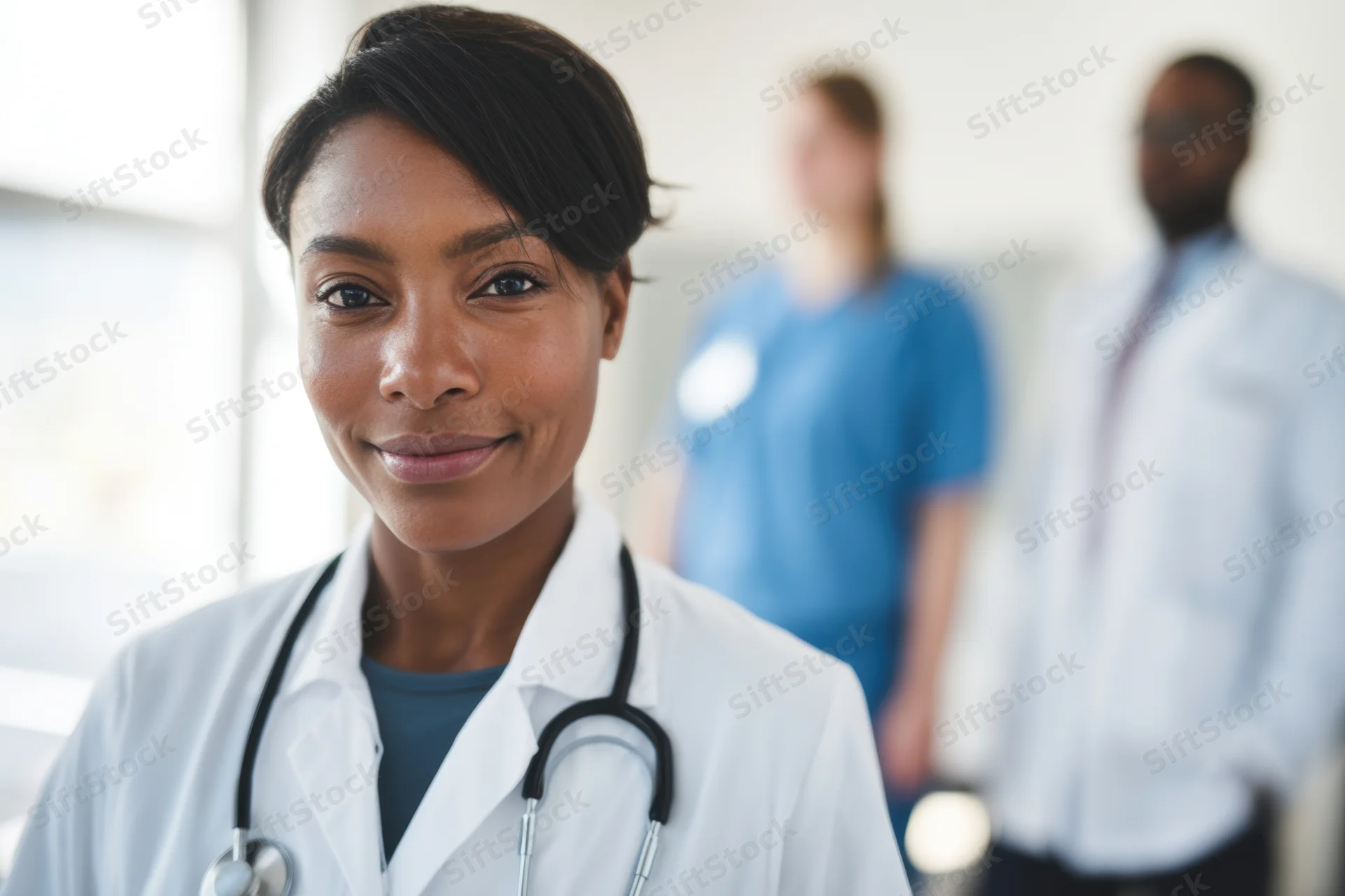 Smiling female doctor in white coat with stethoscope in clinical setting