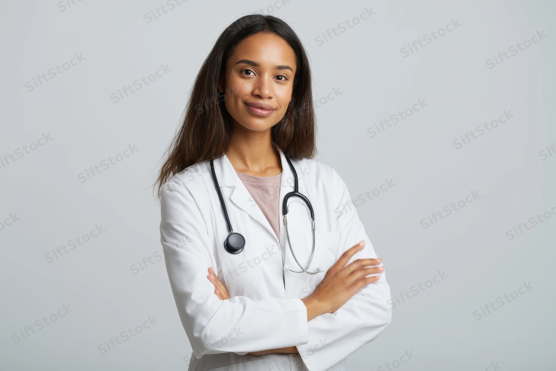Woman doctor in white lab coat with stethoscope, arms crossed, smiling at camera in studio setting