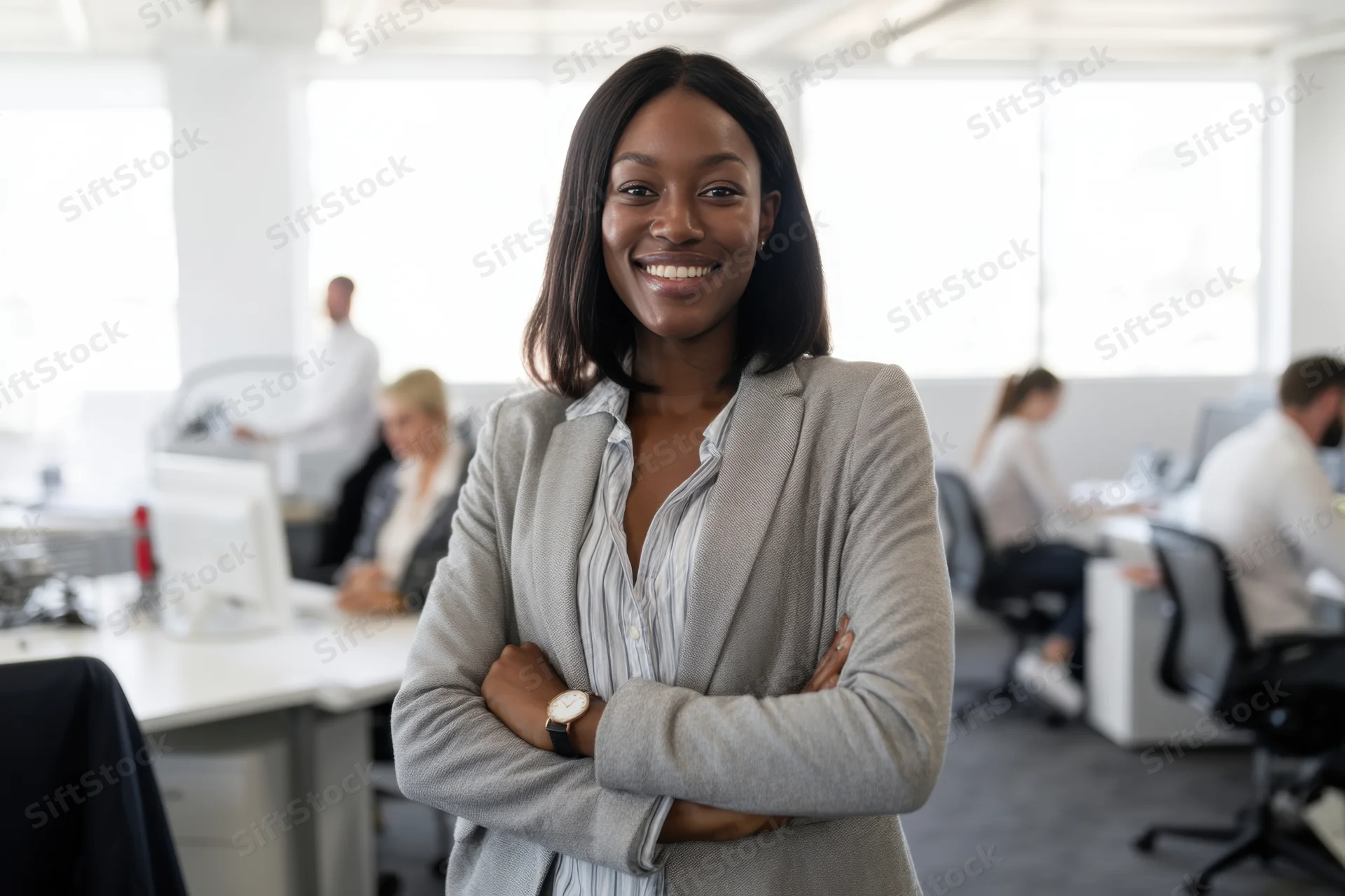 Confident smiling businesswoman standing with arms crossed in a bright modern office