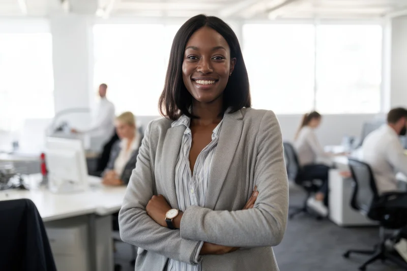 Confident smiling businesswoman standing with arms crossed in a bright modern office