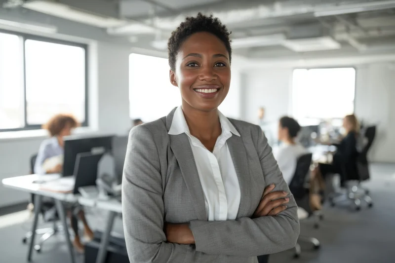 Confident smiling businesswoman standing with arms crossed in a bright modern office with colleagues working at desks in the background