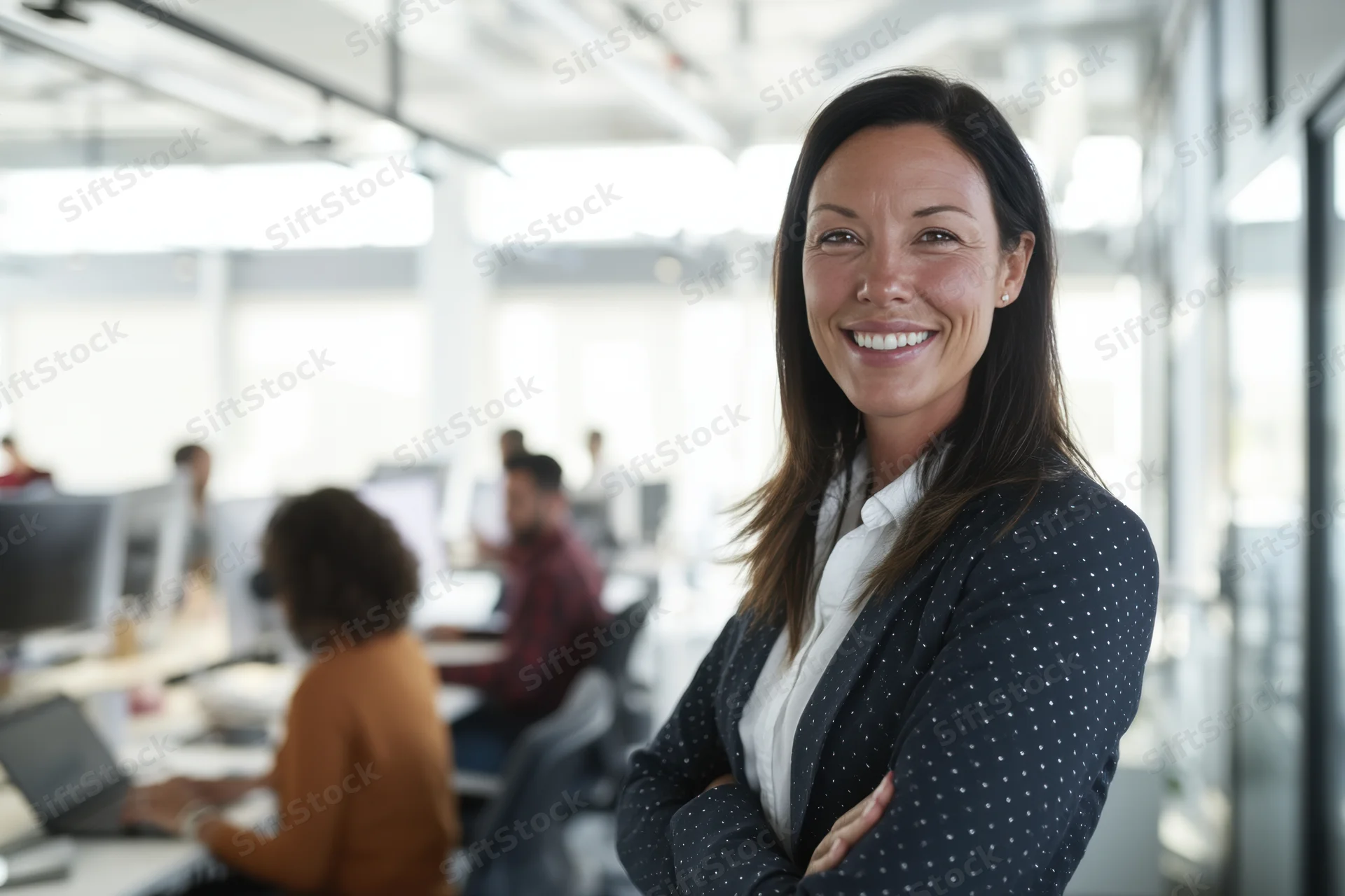 Confident smiling businesswoman standing in modern office with arms crossed, colleagues working at desks in background