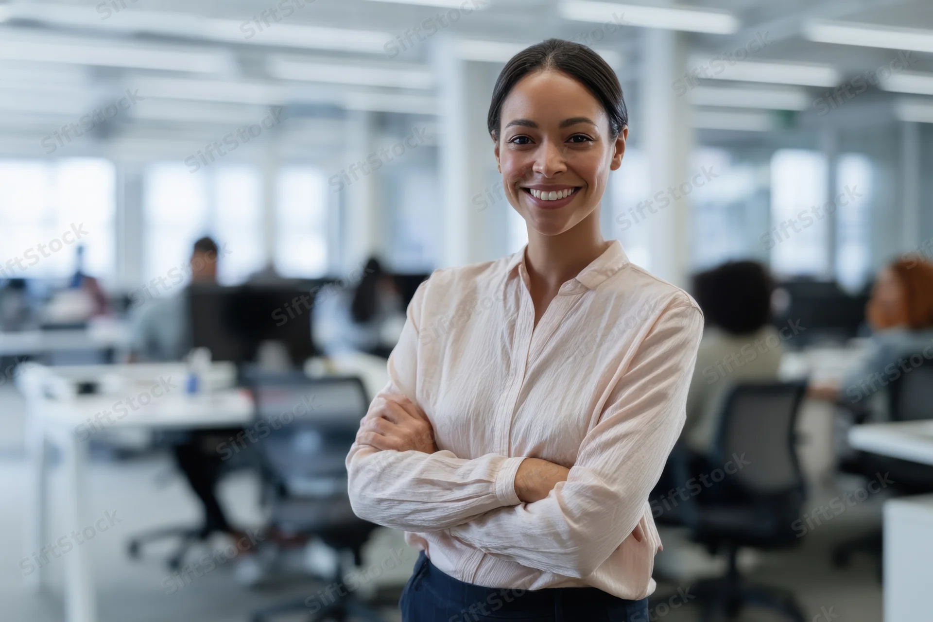 Confident businesswoman smiling with arms crossed in modern office environment