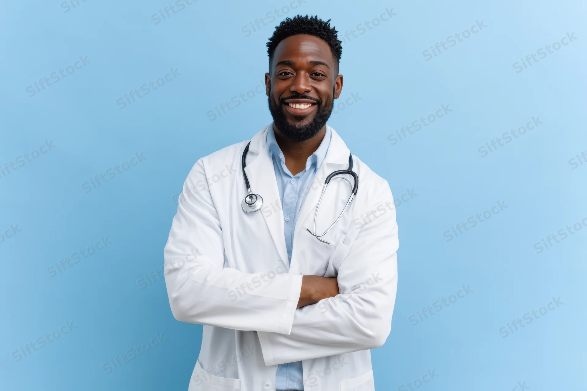 Young african male doctor in white lab coat with stethoscope smiling confidently with arms crossed against blue background