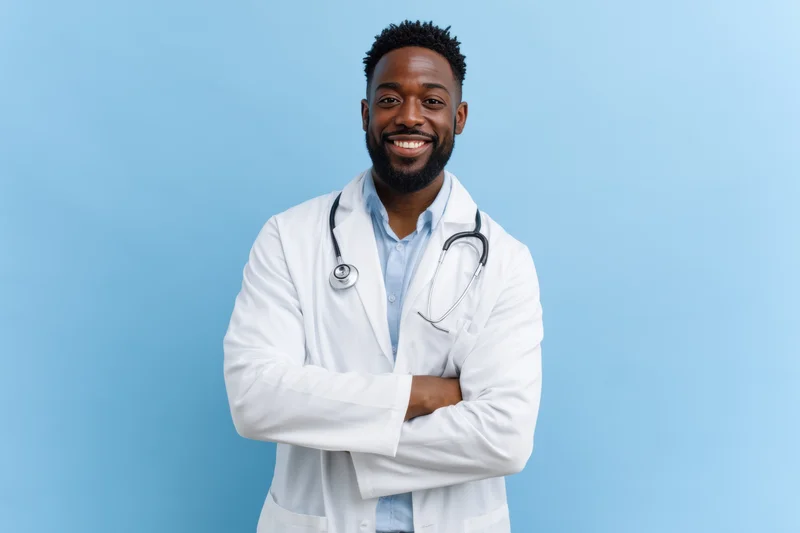 Young african male doctor in white lab coat with stethoscope smiling confidently with arms crossed against blue background