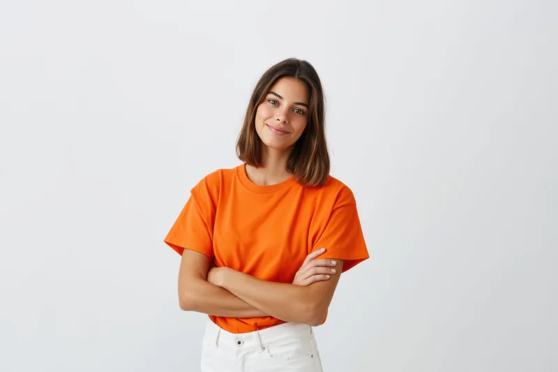 Young woman smiling with arms crossed in orange tshirt and white pants against white background