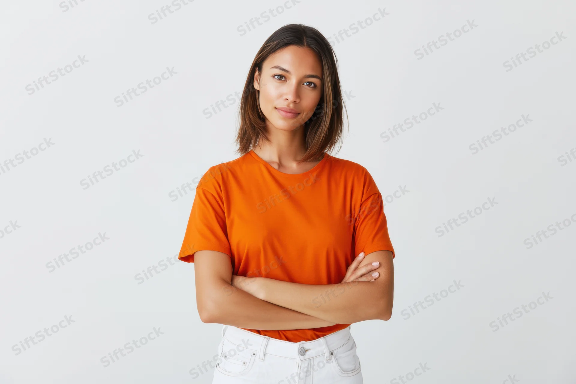 Confident young woman with arms crossed wearing orange tshirt and white jeans in studio setting