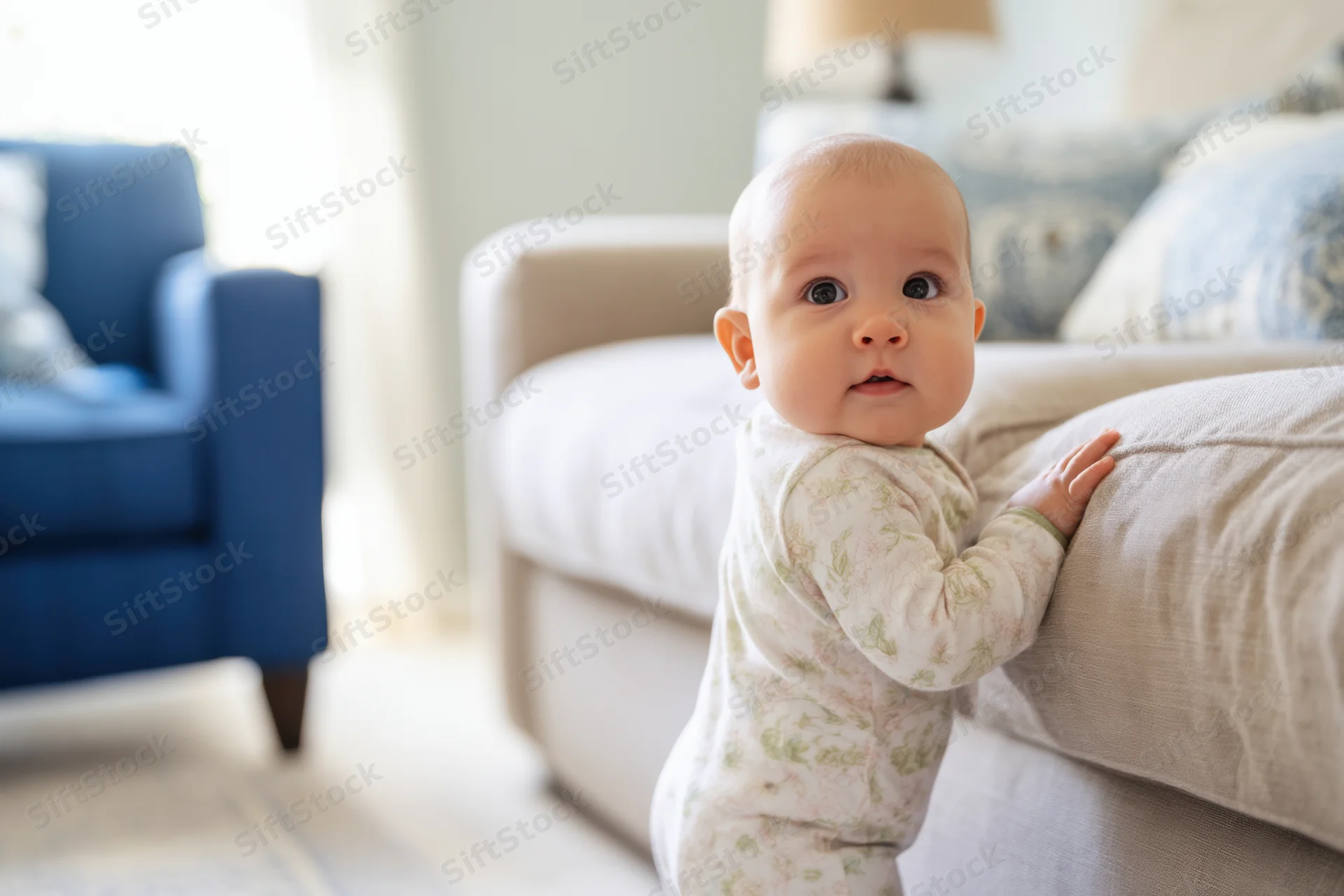 Baby standing by sofa in sunlit living room holding onto cushion with curious expression