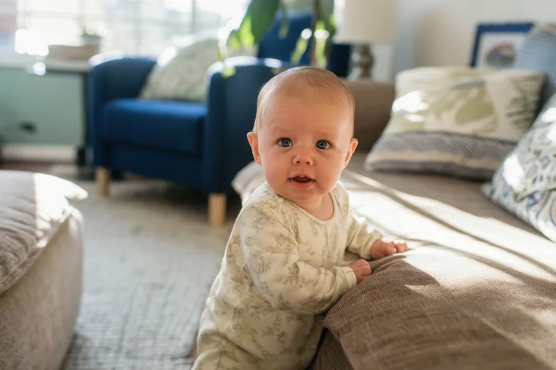 Baby standing by sofa in sunlit living room wearing floral onesie