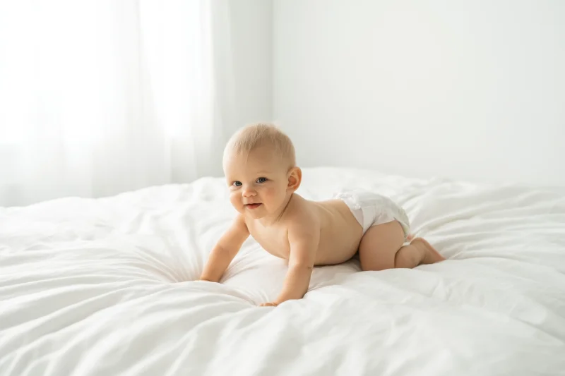 Baby crawling on white bed in diaper, smiling at camera, soft natural light in bedroom