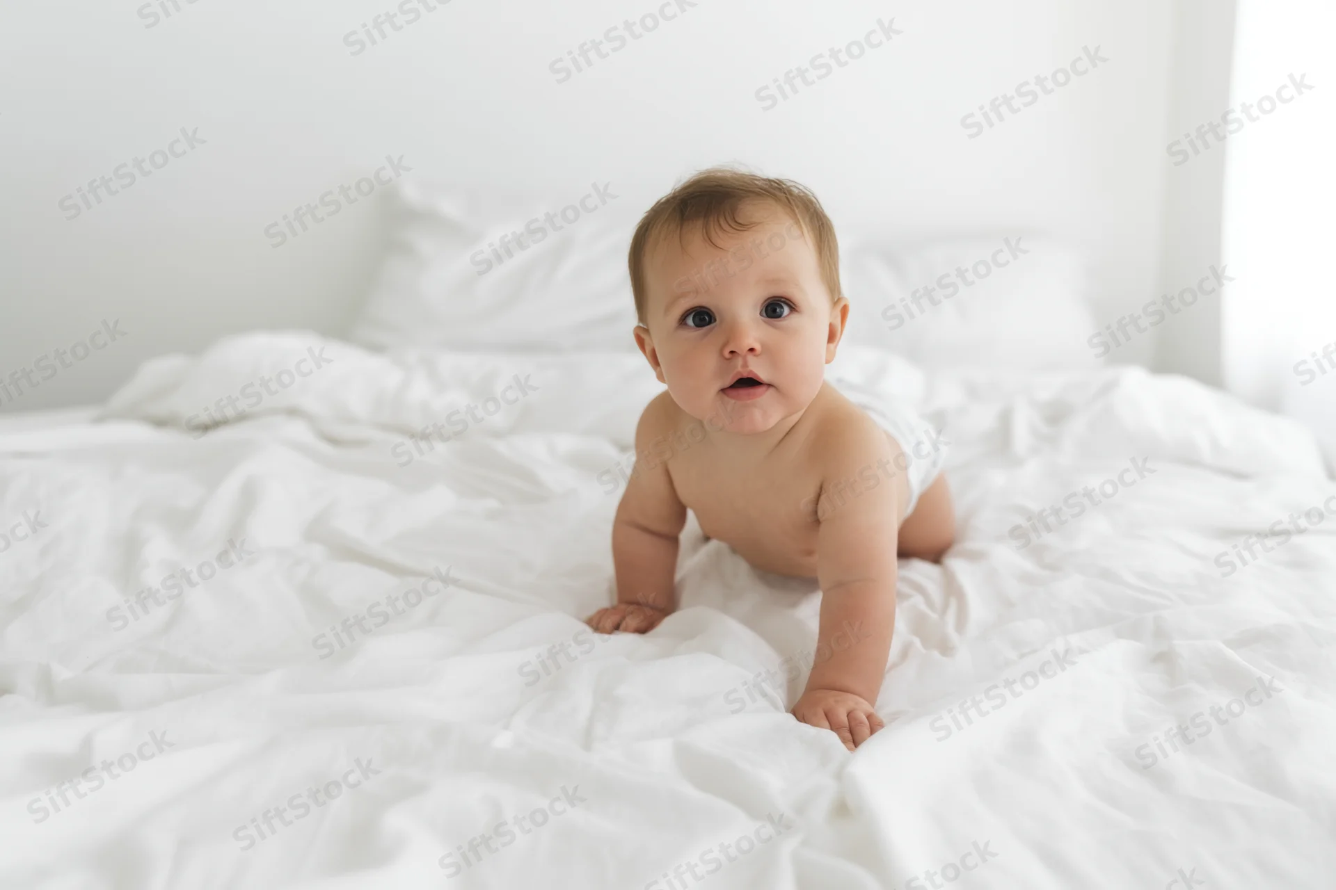Baby crawling on white bed in diaper, looking at camera, in bedroom