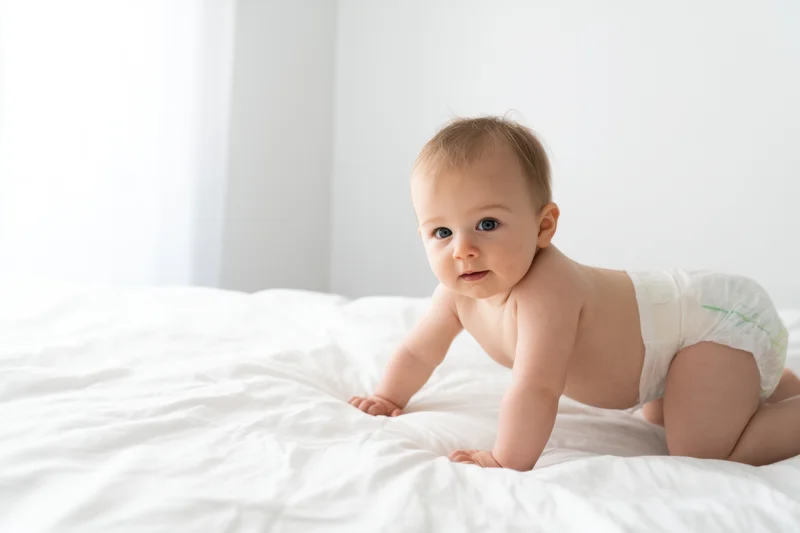 Baby crawling on white bed in diaper, looking at camera, natural light in bedroom