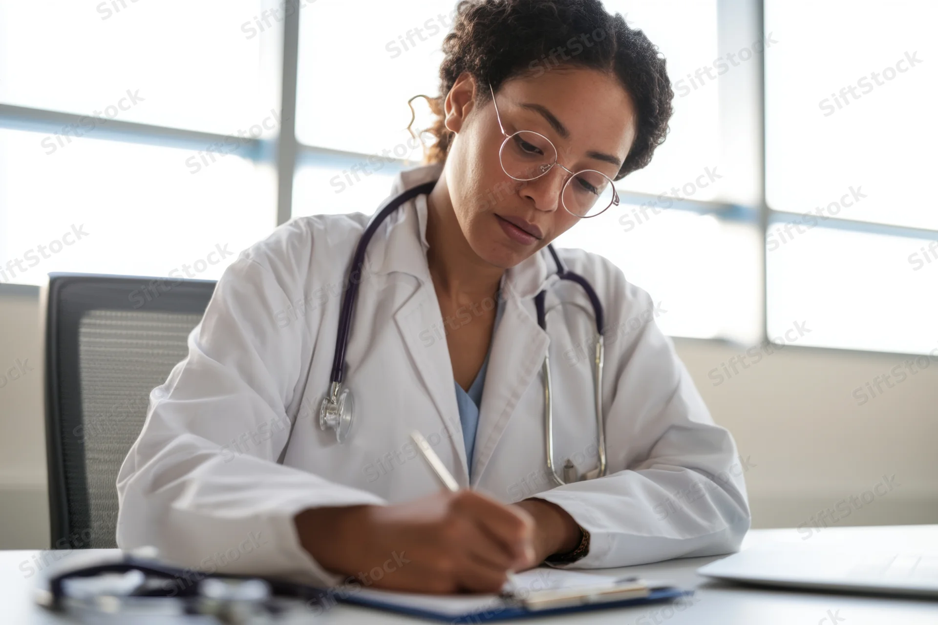Female doctor writing on clipboard at desk in office