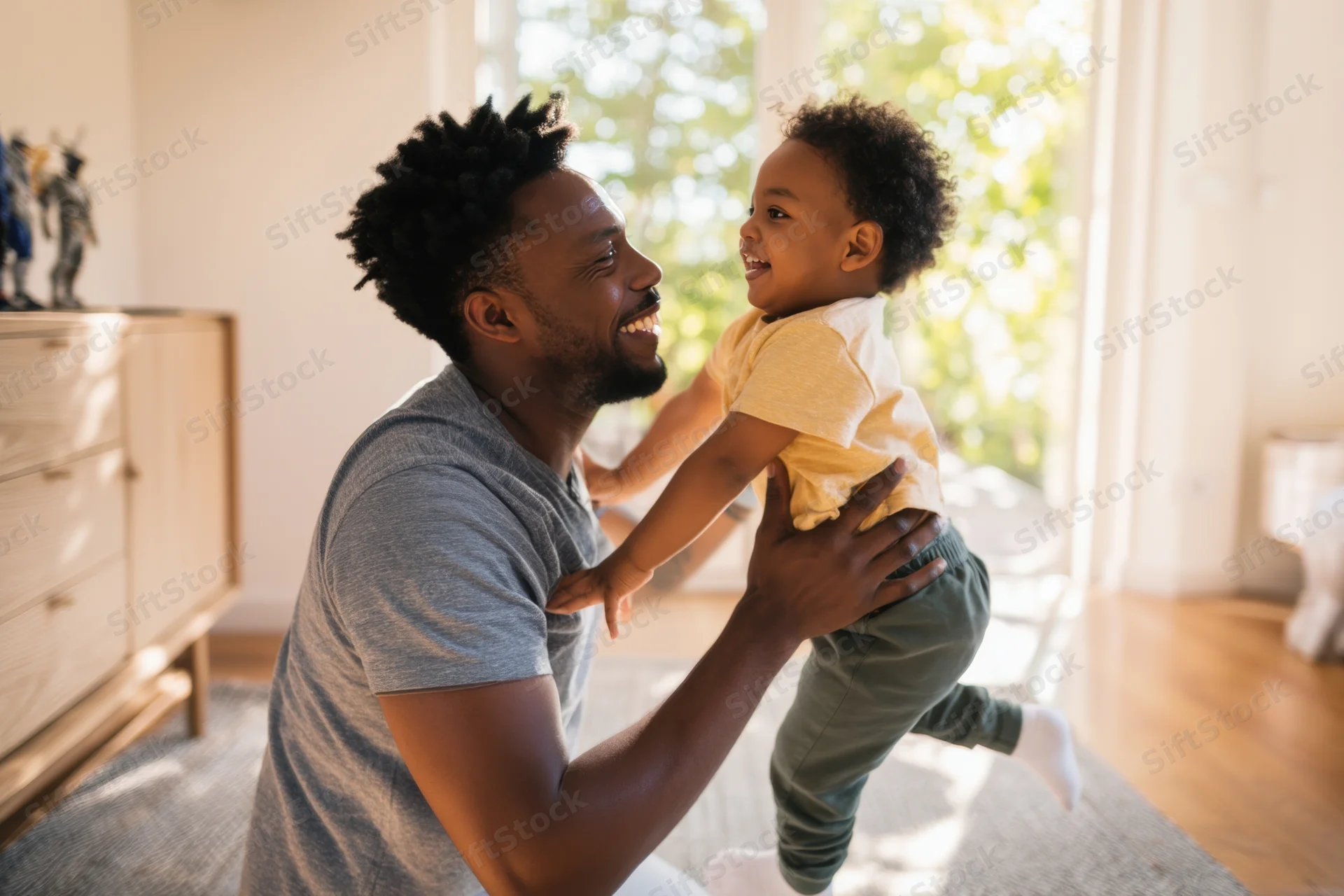 Father lifting young son in living room, both smiling, natural light streaming through window