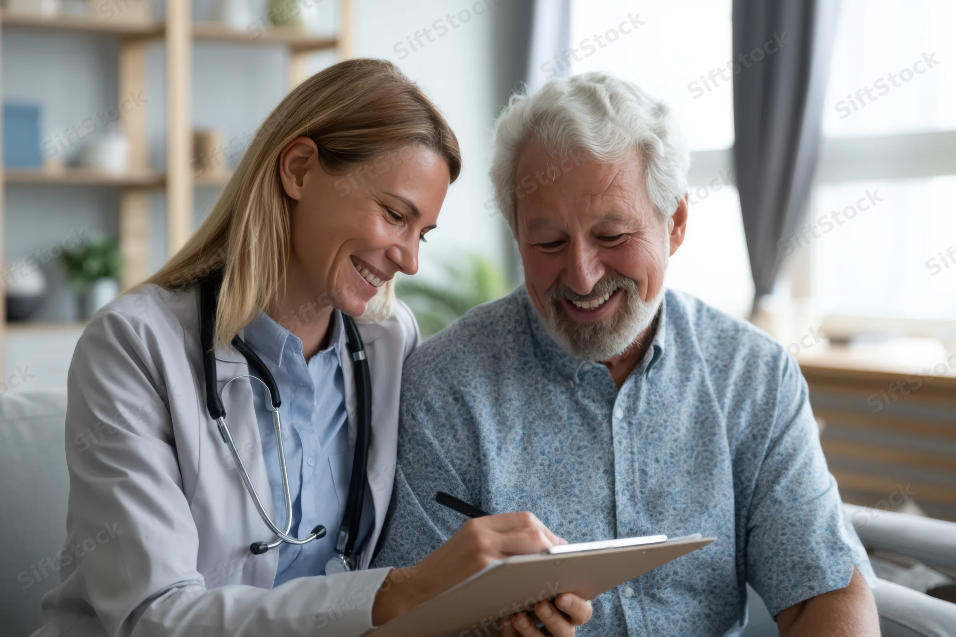 Female clinician smiling while consulting with elderly male patient in office setting