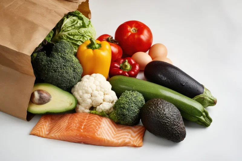 Salmon fillet and assorted vegetables spilling from a brown paper grocery bag on white surface