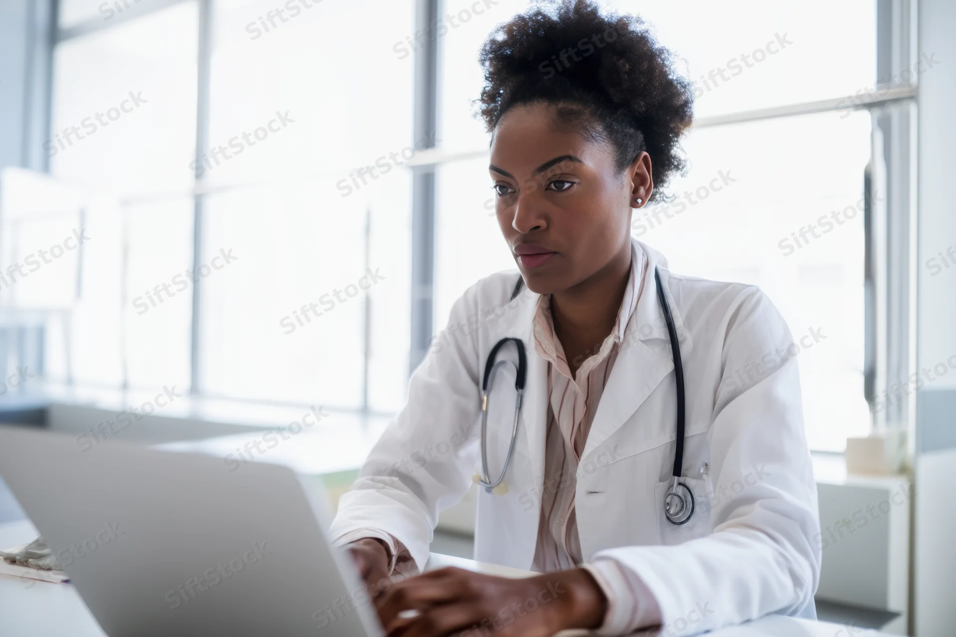 Female doctor in white coat typing on laptop at bright office desk