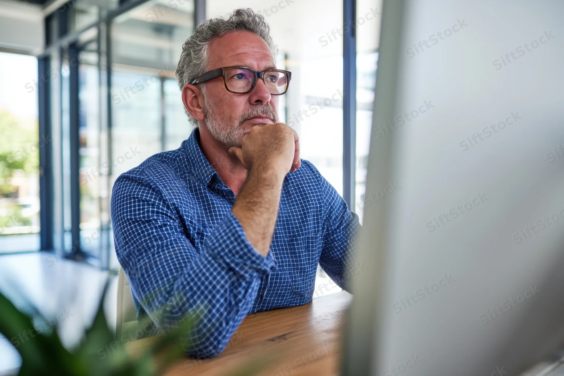 Man in blue checkered shirt and glasses concentrating at computer desk in office