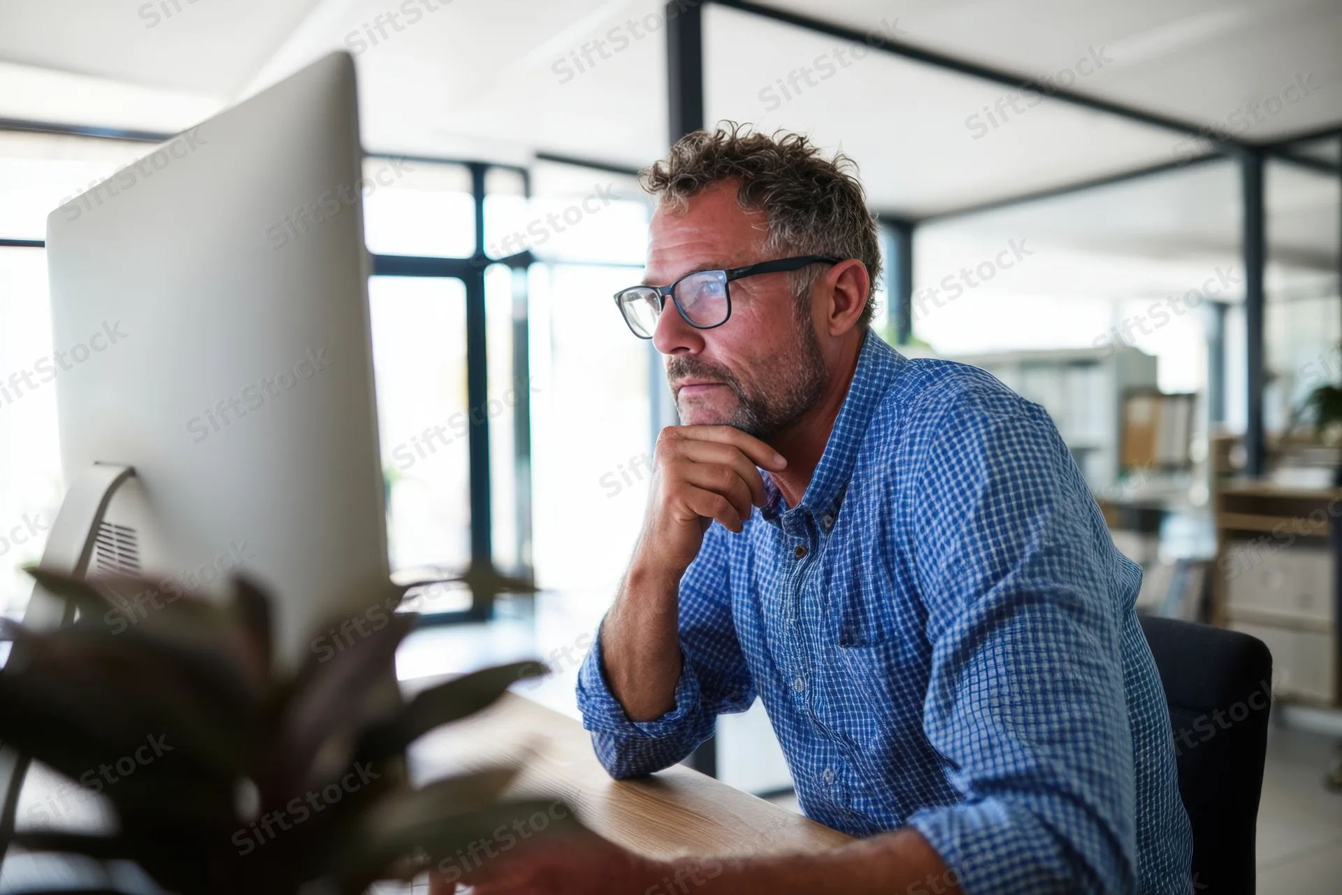 Man in blue checkered shirt and glasses concentrating at computer desk in modern office