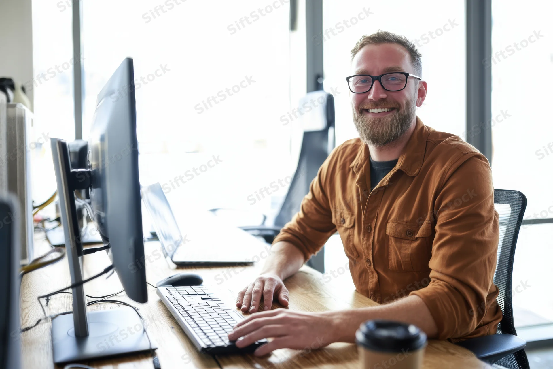 Smiling bearded man with glasses typing on keyboard at wooden desk in bright office