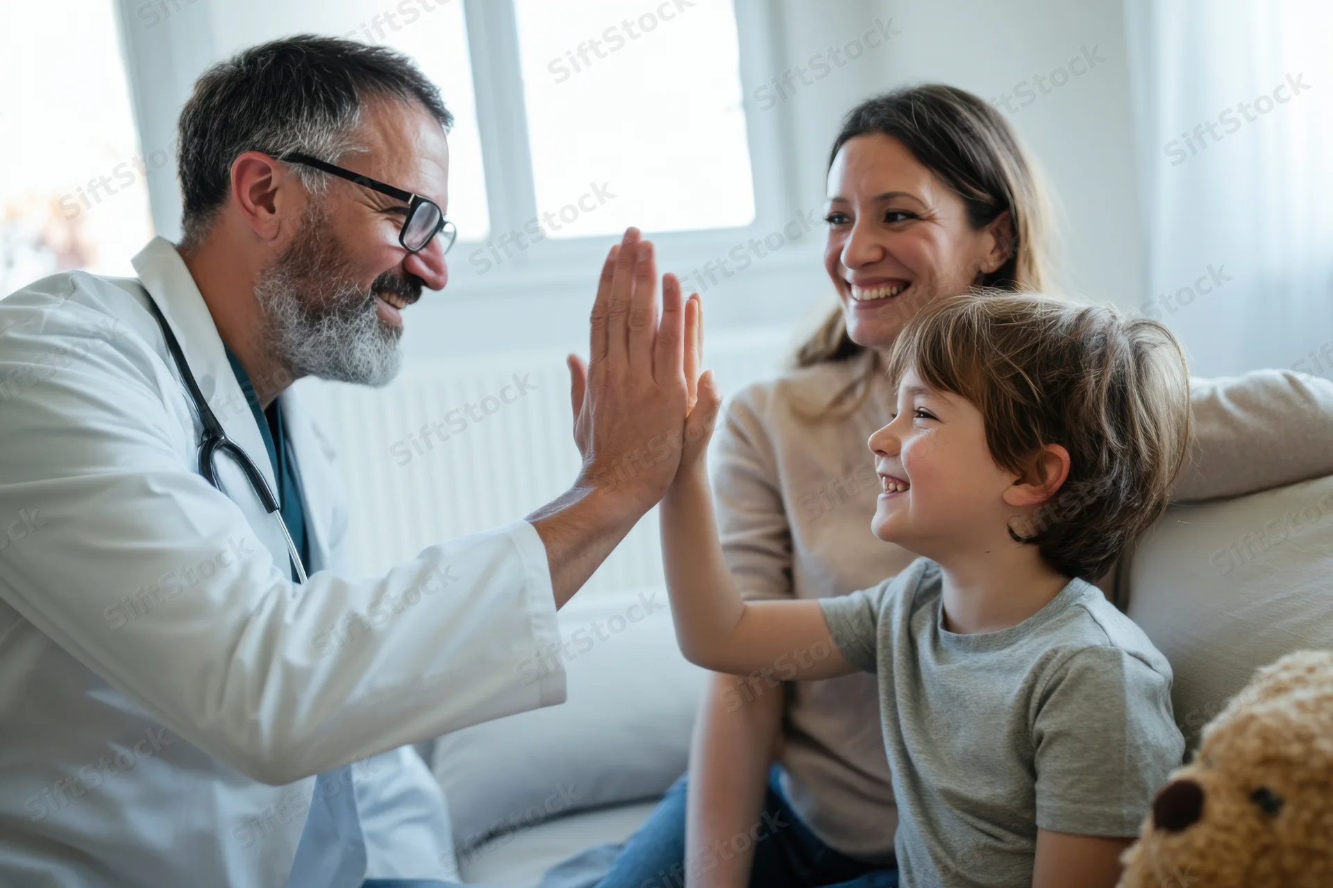 Doctor high-fiving a smiling boy during a family medical consultation in a bright clinic office