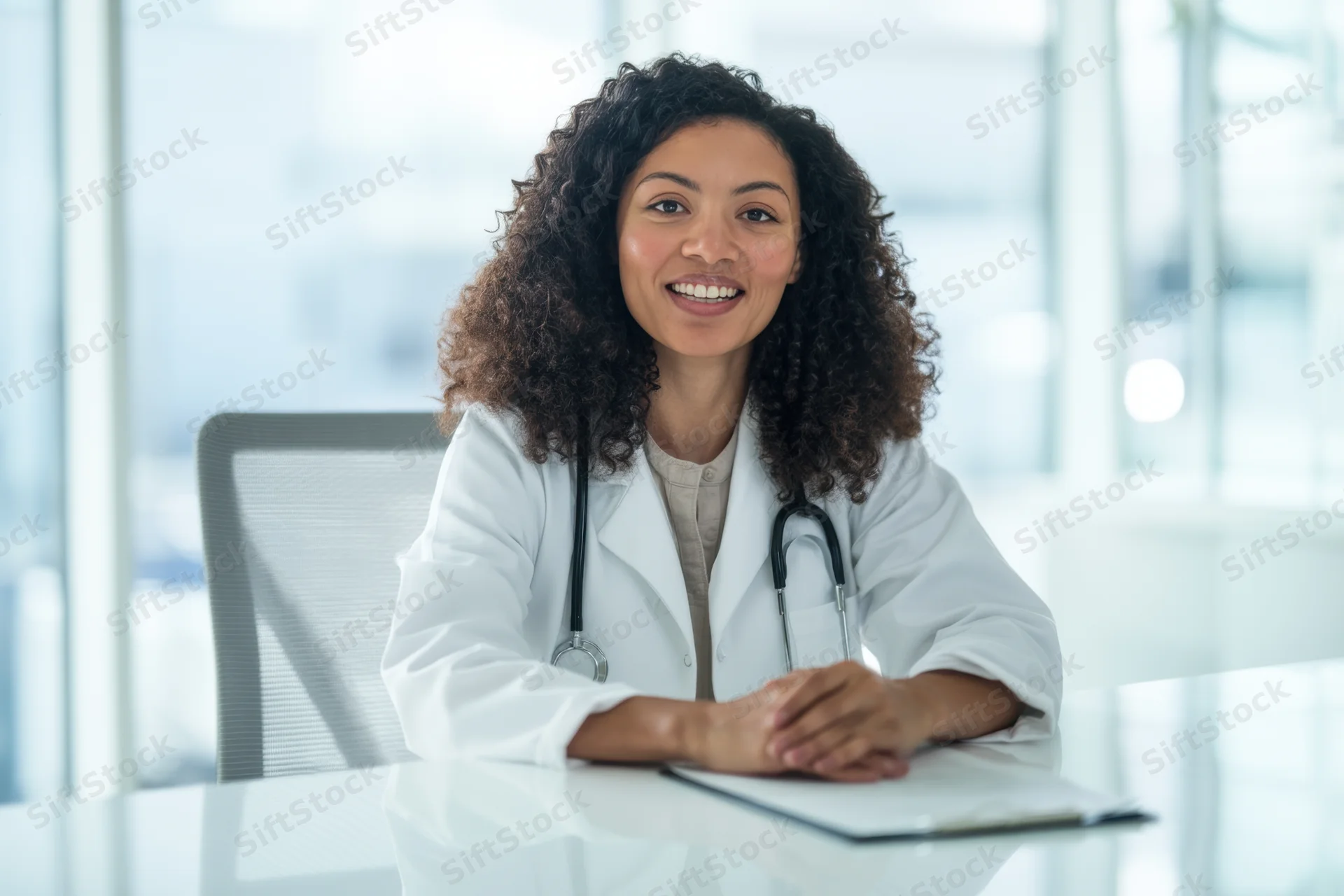 Smiling female doctor in white coat sitting at desk in modern clinic office