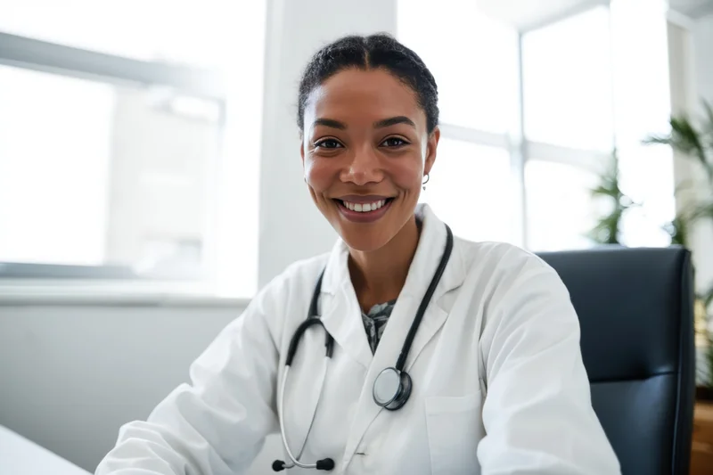 Smiling female doctor in white coat with stethoscope sitting at desk in bright office