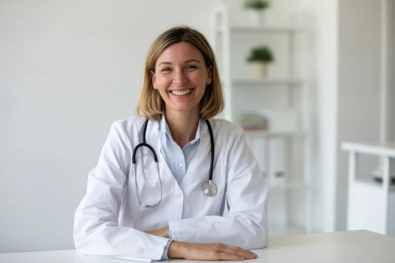 Smiling female doctor in white coat sitting at desk in bright clinic office