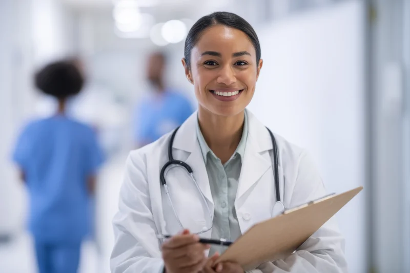 Smiling female doctor in white coat holding clipboard and pen in hospital corridor