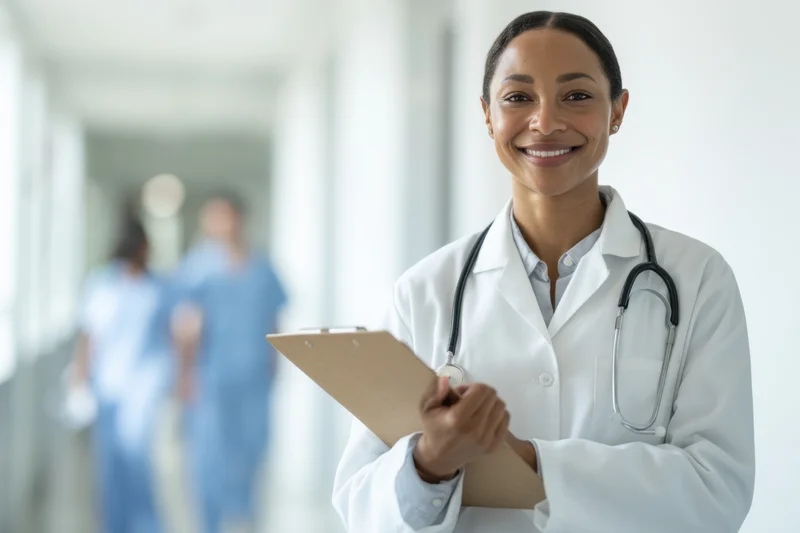 Female doctor smiling while holding clipboard in hospital corridor