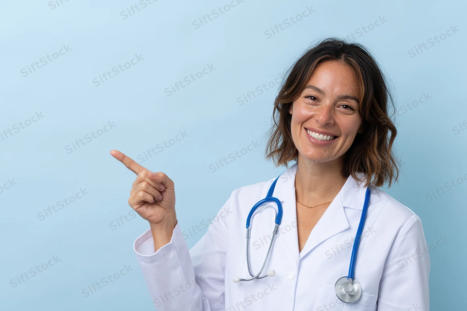 Smiling female doctor in white lab coat pointing with finger against light blue background
