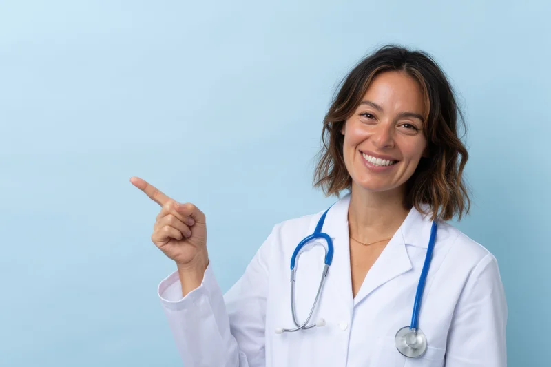 Smiling female doctor in white lab coat pointing with finger against light blue background