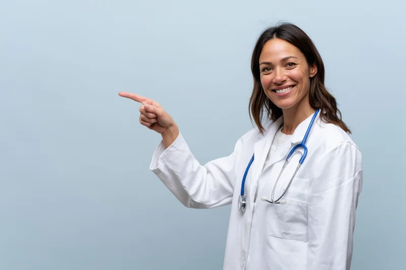 Woman in white lab coat pointing to the side with stethoscope around neck