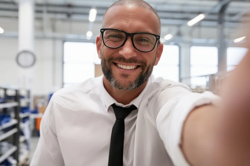 Smiling man with glasses and beard in white shirt and tie taking selfie in warehouse interior